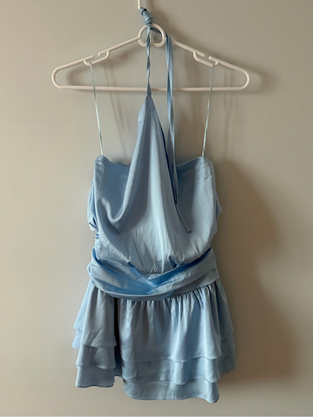 REVOLVE Light Blue Satin Halter Tiered Mini Dress